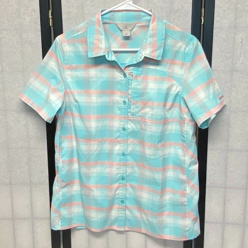 Ascend Short Sleeve Button Up Activewear Hike Camp Shirt Aqua Peach Plaid NWOT M